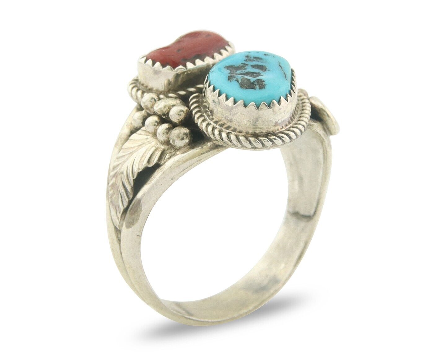 Men Navajo Ring 925 Sterling Silver Natural Coral & Turquoise Signed JM C.80's