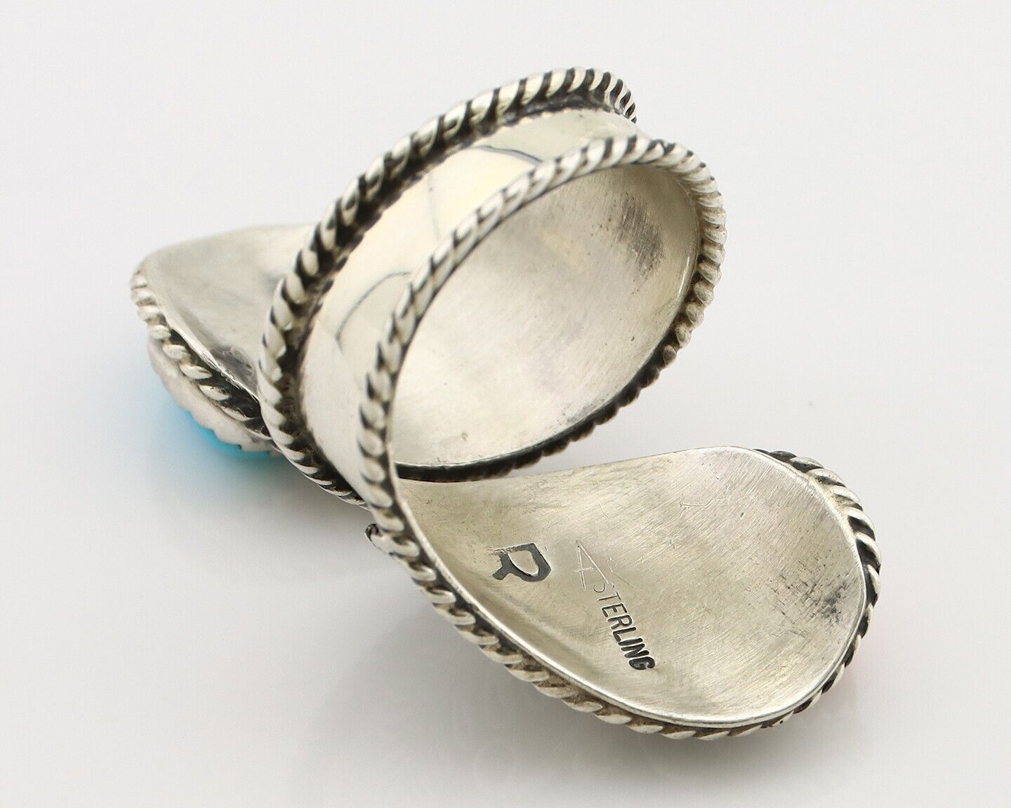 Navajo Adjustable Ring 925 Silver Turquiose & Coral Artist Signed R C.80's