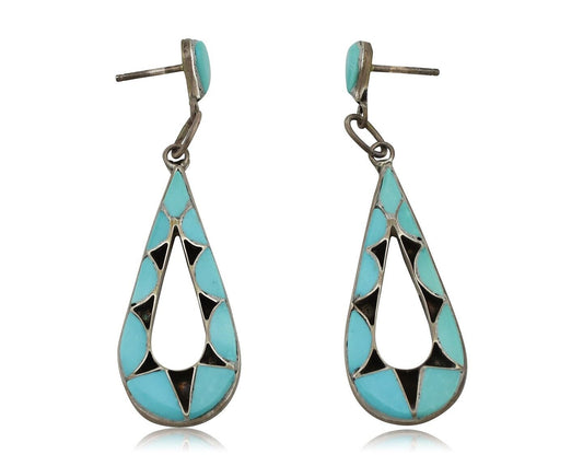 Navajo Handmade Earrings 925 Silver Blue Turquoise Native Artist C.80's