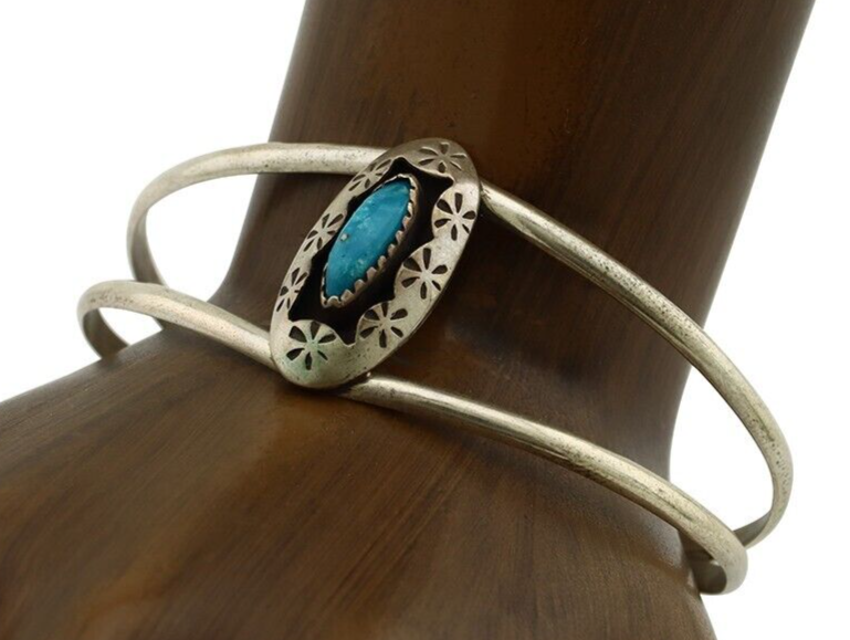 Navajo Bracelet 925 Silver Kingman Turquoise Artist Signed IJC C.80's