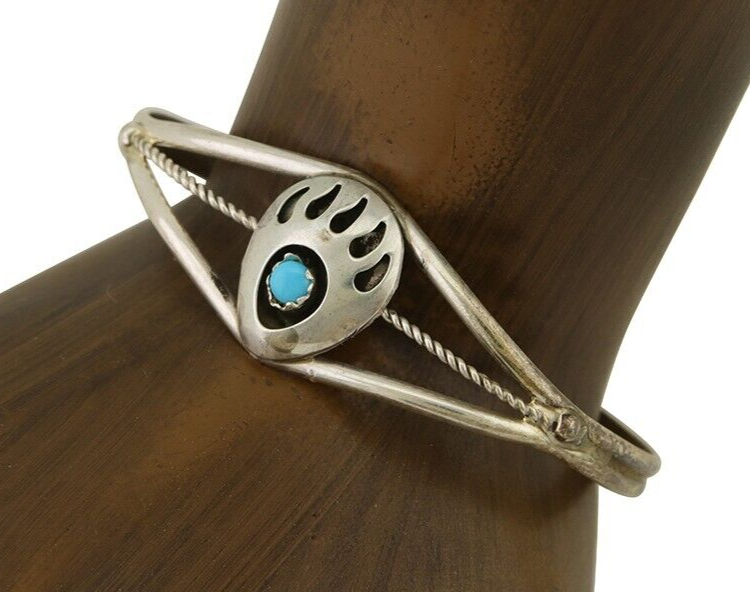 Navajo Paw Bracelet 925 Silver Blue Turquoise Native American Artist C.80's