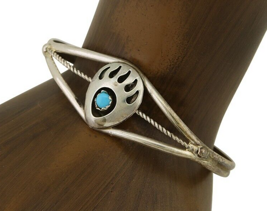 Navajo Paw Bracelet 925 Silver Blue Turquoise Native American Artist C.80's