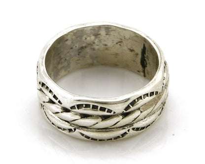 Navajo Ring .925 Silver Handmade Hand Stamped 3 Row Rope Band C.1980's Size 7.5
