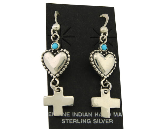 Navajo Earrings 925 Silver Heart Cross Natural Turquoise Native Artist C.80's