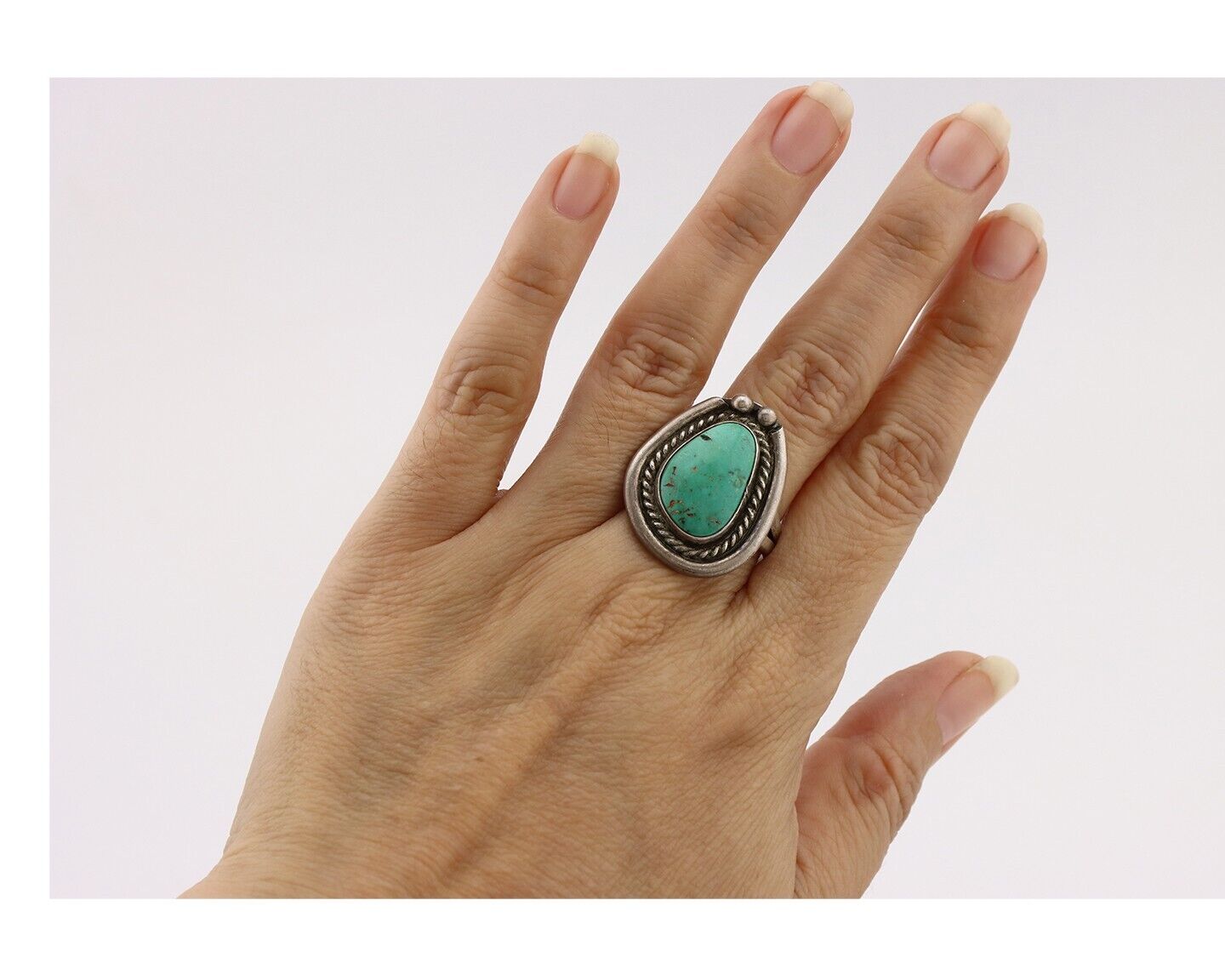 Navajo Ring 925 Silver Natural Green Turquoise Native American Artist C.80's