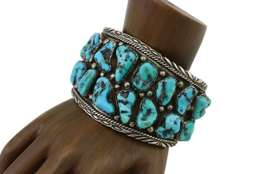 Men Navajo Cuff Bracelet 925 Silver Blue Hand Cut Turquoise Native Artist C.80's