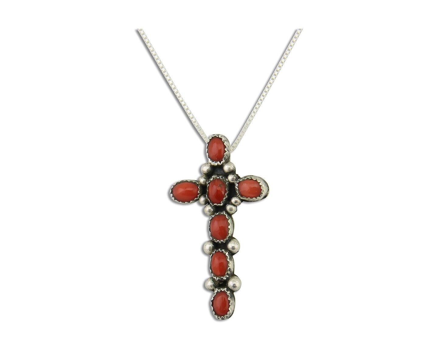 Navajo Cross Necklace 925 Silver Mediterranean Coral Native American Artist C80s