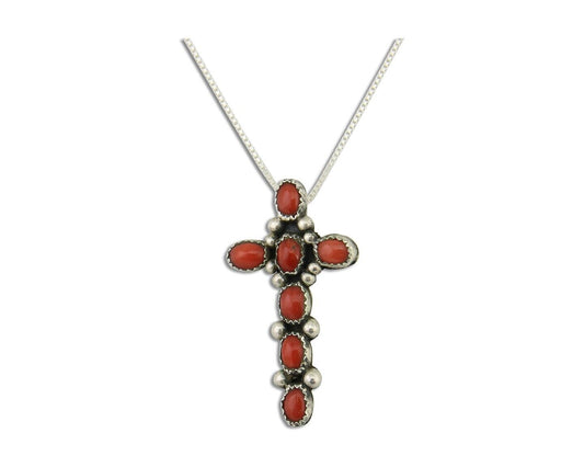 Navajo Cross Necklace 925 Silver Mediterranean Coral Native American Artist C80s