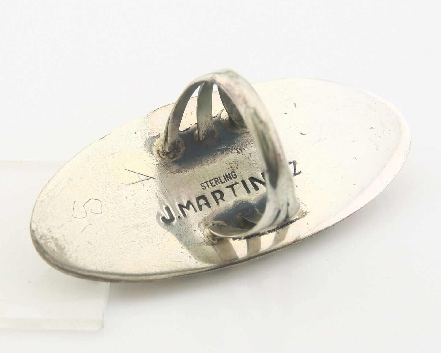 Navajo Ring 925 Sterling Turquoise Hand Stamped Signed J Martinez C.80's Sz 6.75