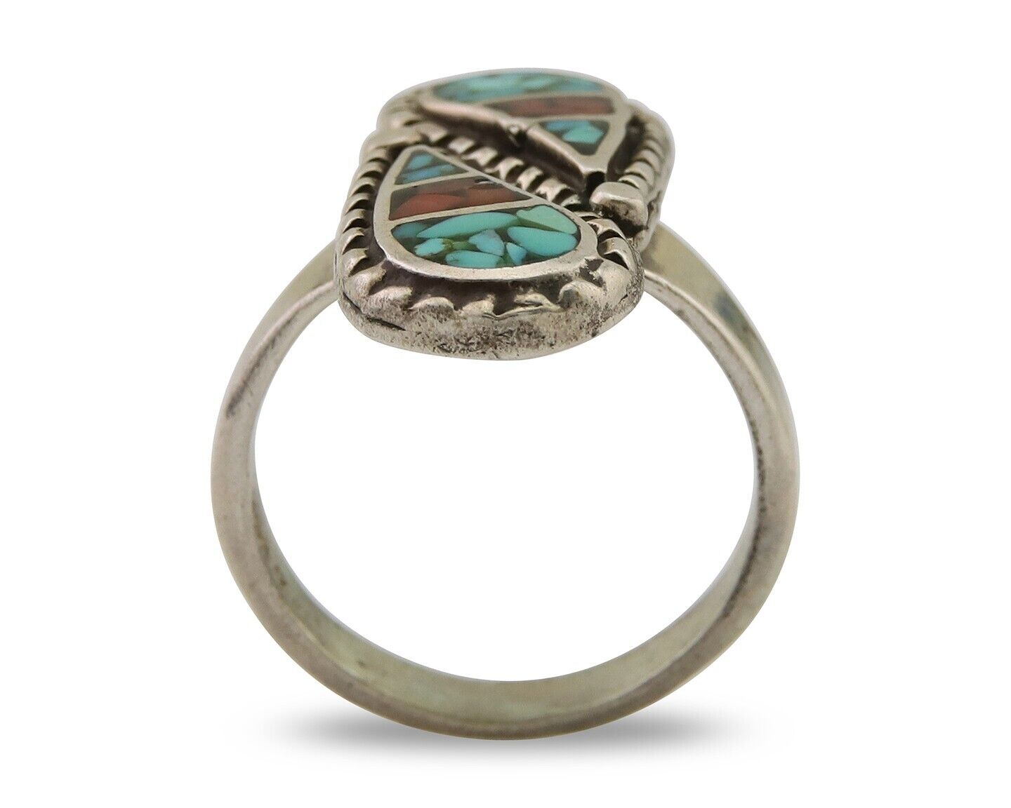 Navajo Ring 925 Silver Chip Inlay Turquoise & Coral Native Artist C.80's