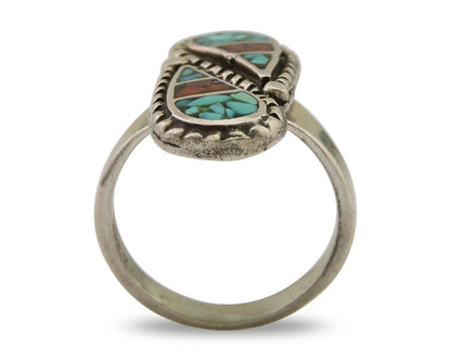 Navajo Ring 925 Silver Chip Inlay Turquoise & Coral Native Artist C.80's