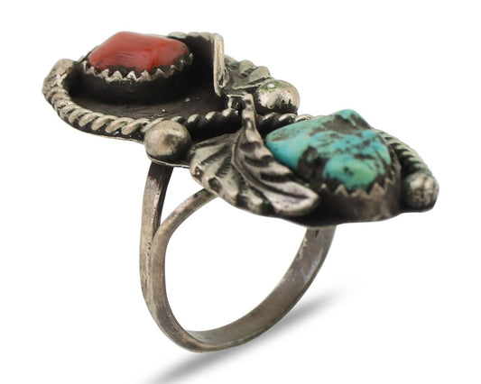 Vintage Handmade Navajo Ring Turquoise & Coral 925 Silver Size 6.75 C.80's