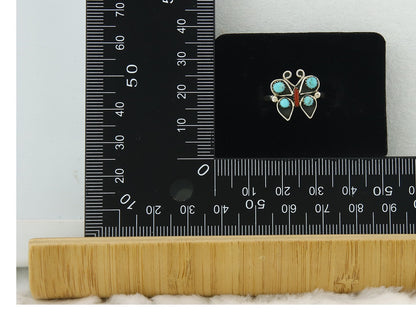 Navajo Butterfly Ring Sterling Silver Authentic Turquoise & Coral Size 6.25