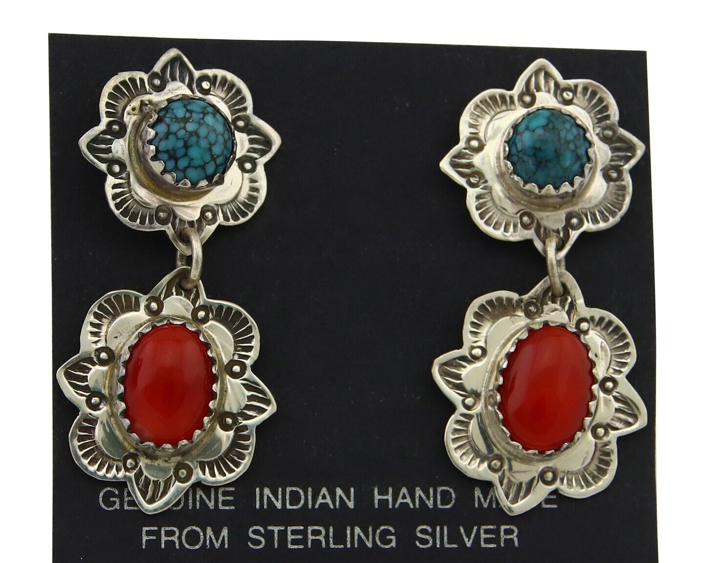 Navajo Earrings 925 Silver Turquoise & Coral Artist Signed Mary Ellen C.80's
