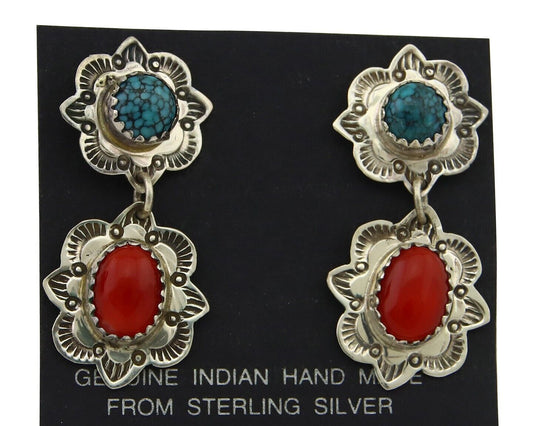 Navajo Earrings 925 Silver Turquoise & Coral Artist Signed Mary Ellen C.80's