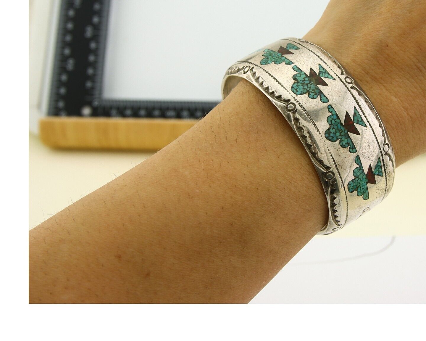 Navajo Bracelet 925 Silver Inlaid Coral & Turquoise Cuff Artist Signed LB C.80's