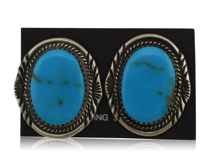 Navajo Hand Stamped Earrings 925 Silver Natural Turquoise Signed M Begay C.80s