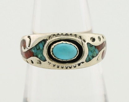 Navajo Ring 925 Silver Turquoise & Coral Natural American Artist C.80's