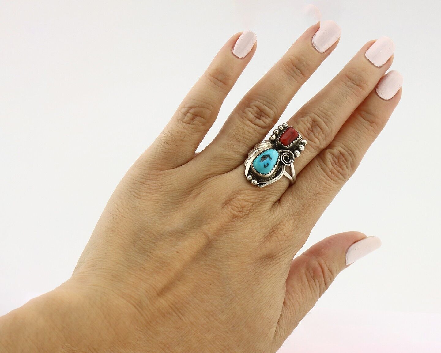 Navajo Ring .925 Silver Turquoise & Coral Artist Signed Justin Morris C.80's