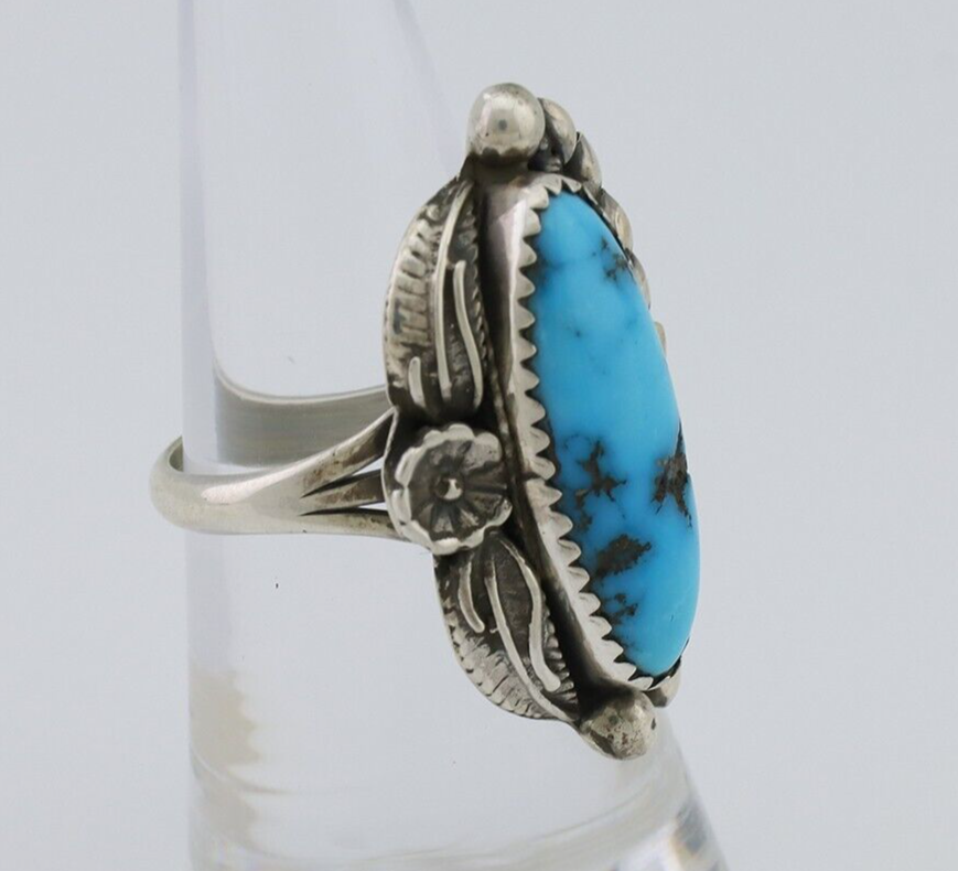 Navajo Ring 925 Silver Sleeping Beauty Turquoise Artist Signed SC C.80's