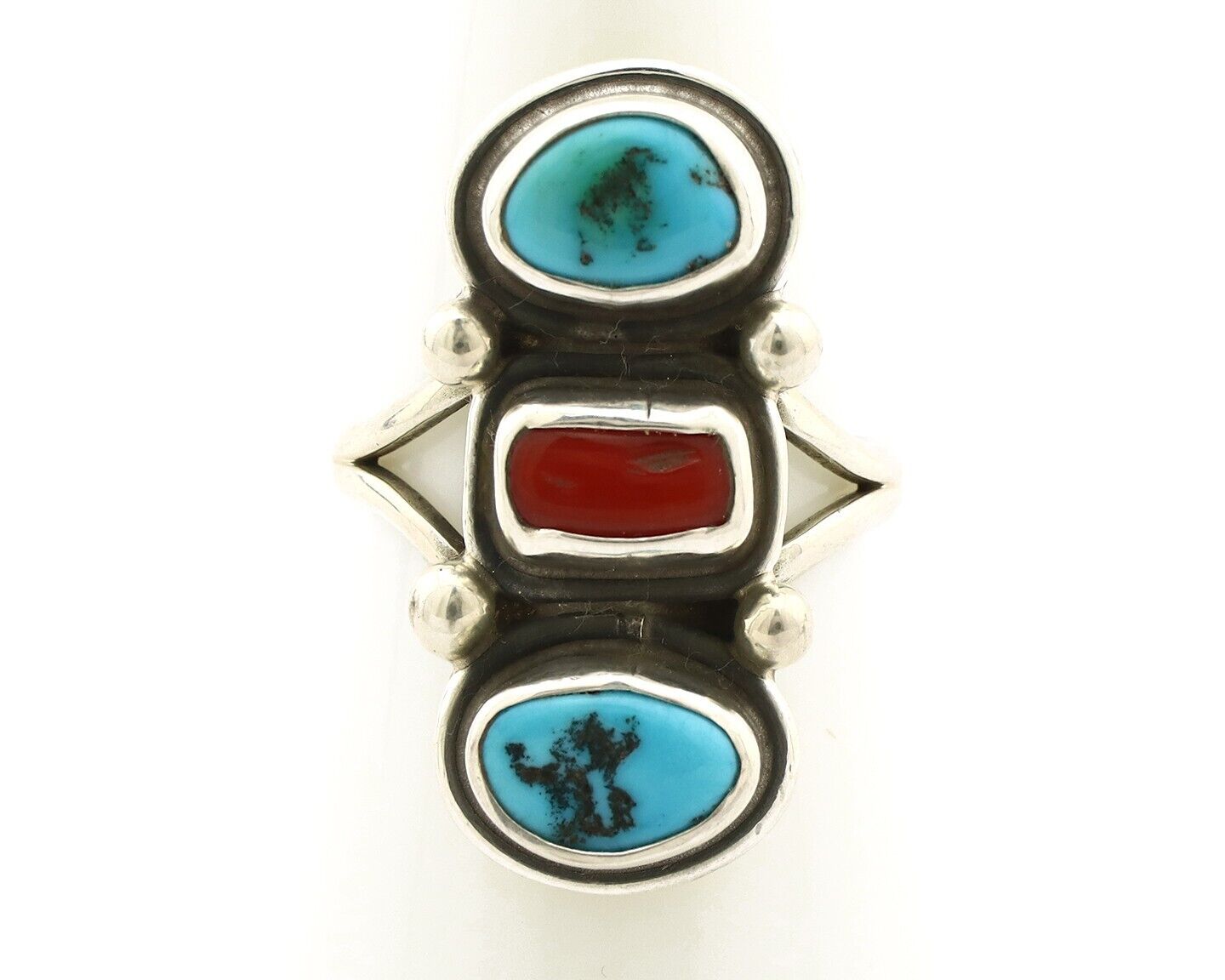 Navajo Ring 925 Silver Sleeping B Turquoise & Coral Native American Artist C.80s