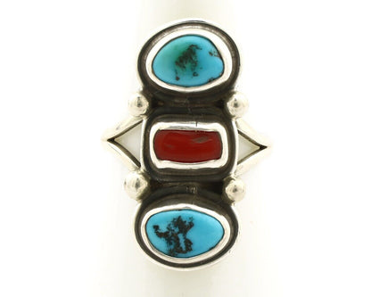 Navajo Ring 925 Silver Sleeping B Turquoise & Coral Native American Artist C.80s