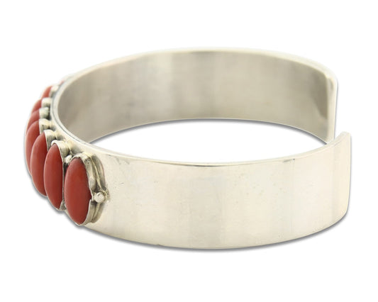 Vintage Navajo Bracelet 925 Silver Red Coral Signed L James