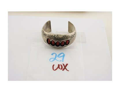 Navajo Bracelet .925 Silver Red Coral Cuff Artist Signed P Benally C.80's
