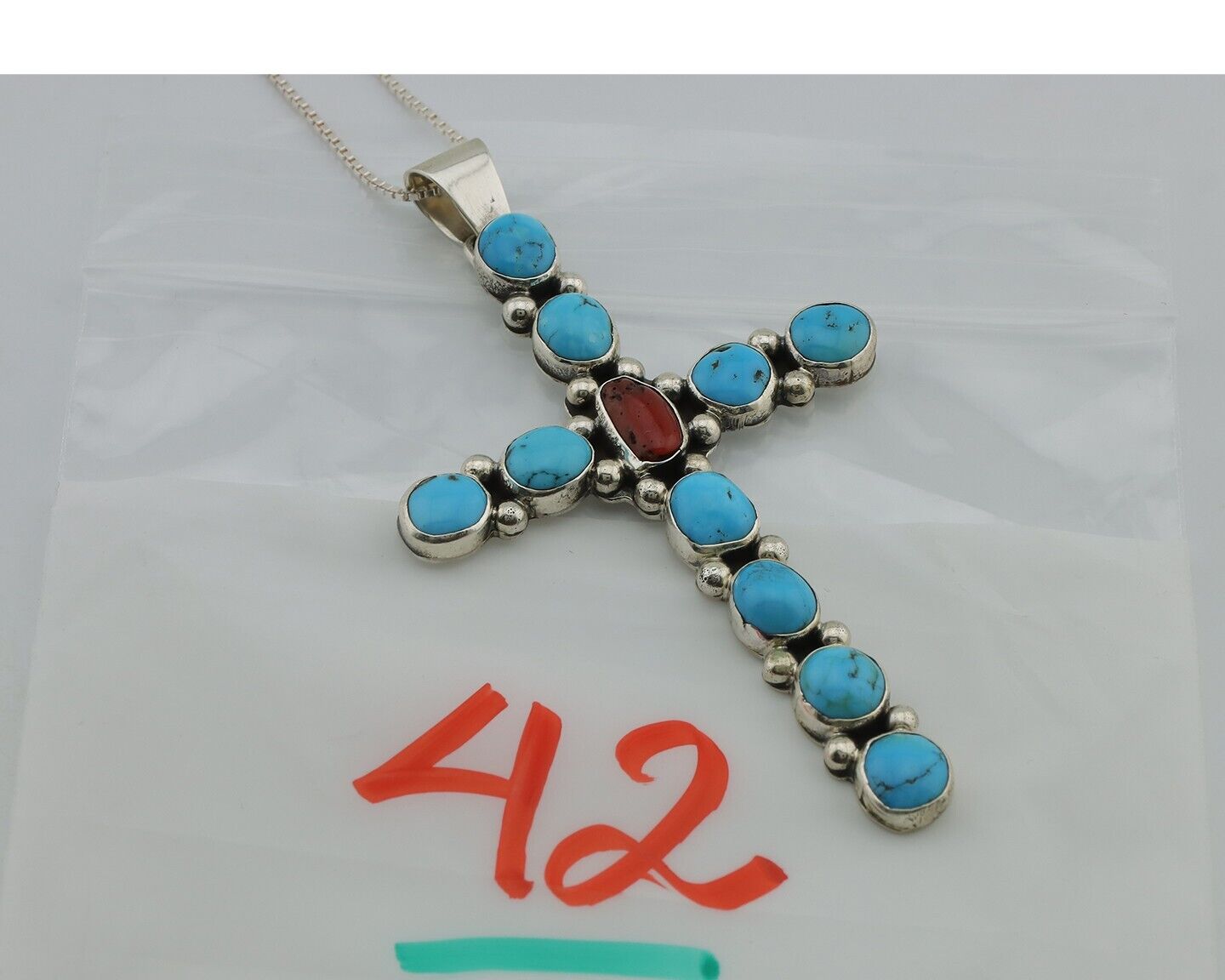 Navajo Cross Necklace 925 Silver Blue Turquoise Artist Signed JWJ C.80's
