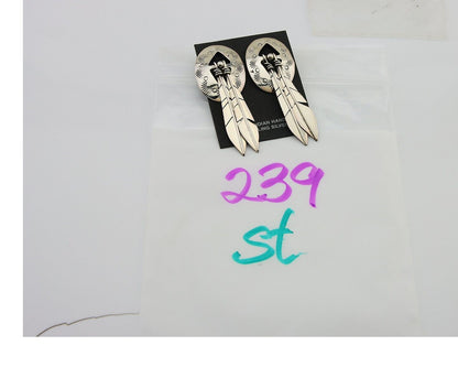 Navajo Feather Earrings 925 Silver Dangle Artist Signed DISHTA C.80's