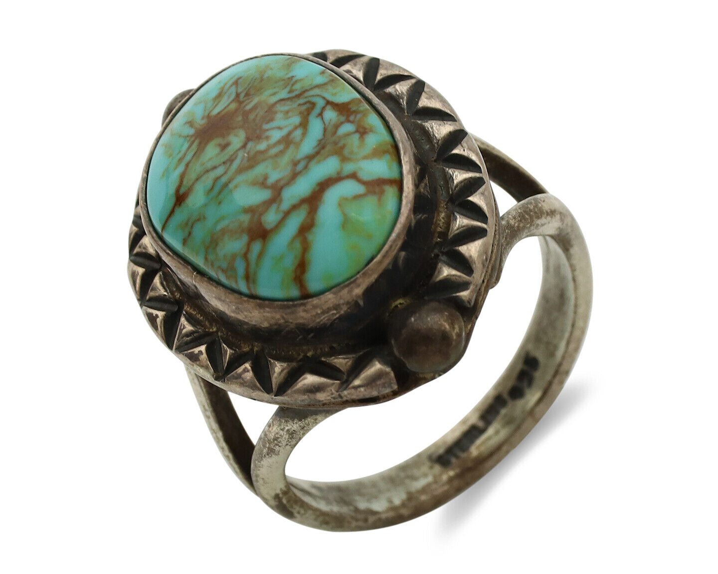 Navajo Ring .925 Silver Kingman Turquoise Artist Signed Gecko C.1980's