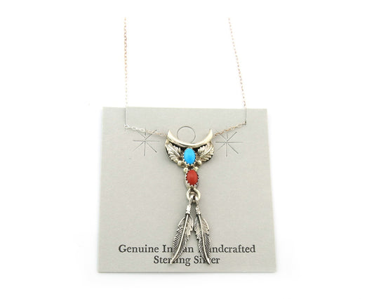 Navajo Necklace Sterling Silver Turquoise Coral Authentic Vintage Signed BJ