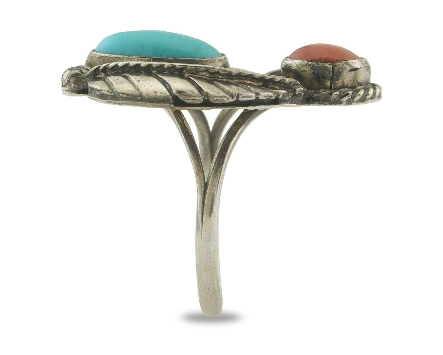 Navajo Ring 925 Sterling Natural Coral & Turquoise Signed EH C.80's Size 7.5