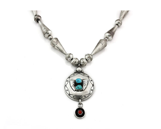 Navajo Necklace Sterling Silver Turquoise & Coral Vintage Signed JC C.80's