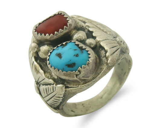 Vintage Navajo Ring 925 Sterling Turquoise & Coral Native Artist Size 9.0