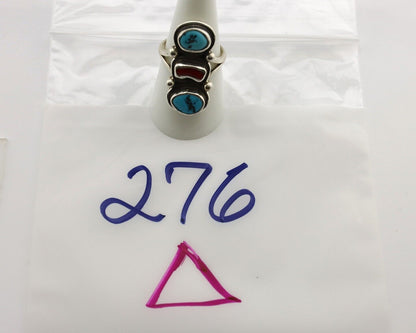 Navajo Ring 925 Silver Sleeping B Turquoise & Coral Native American Artist C.80s