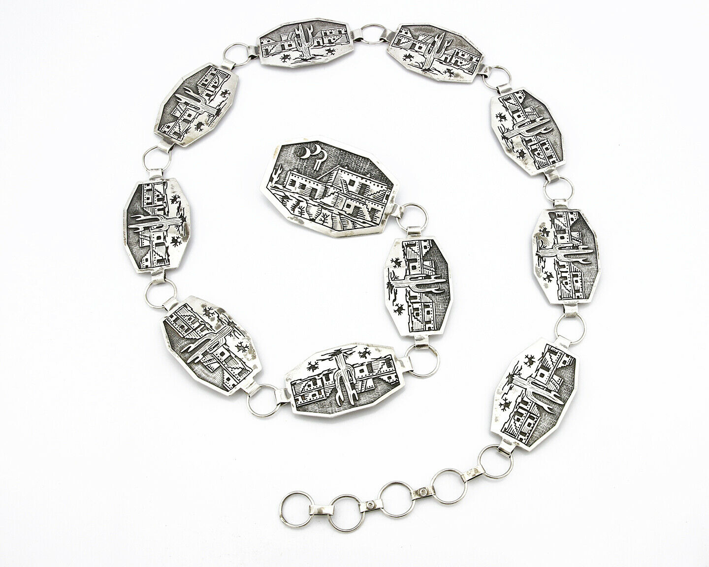 Navajo Concho Belt .925 Silver Pictograph Overlay Signed LE C.1980's