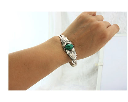 Navajo Cuff Bracelet Sterling Silver Malachite Vintage Signed TW
