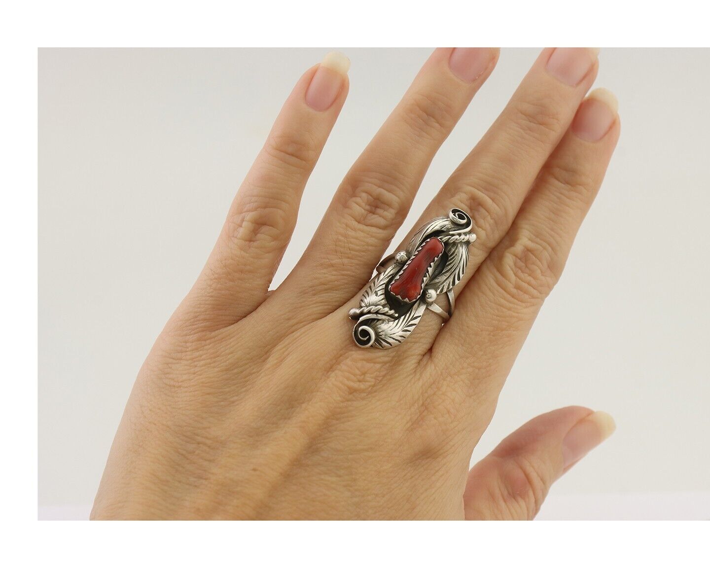 Navajo Handmade Ring 925 Silver Natural Mediterranean Coral Signed Duffy C.80's