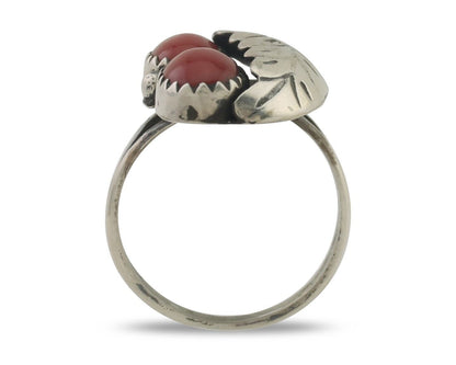 Navajo Handmade Ring 925 Silver Natural Mediterranean Coral Signed 88 C.80's