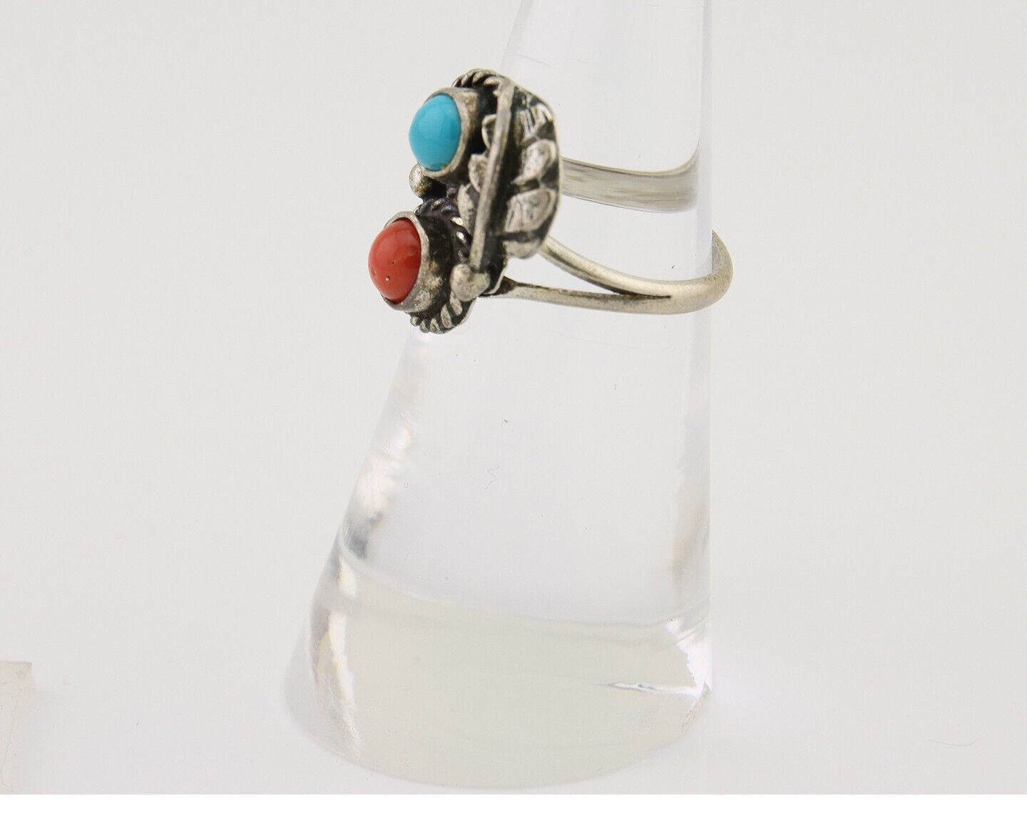 Navajo Handmade Ring 925 Silver Coral & Turquoise Native Artist C.80's