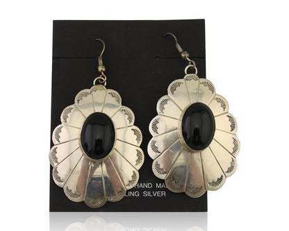 Navajo Handmade Earrings 925 Silver Onyx Artist Signed Robert Vandover C.80's