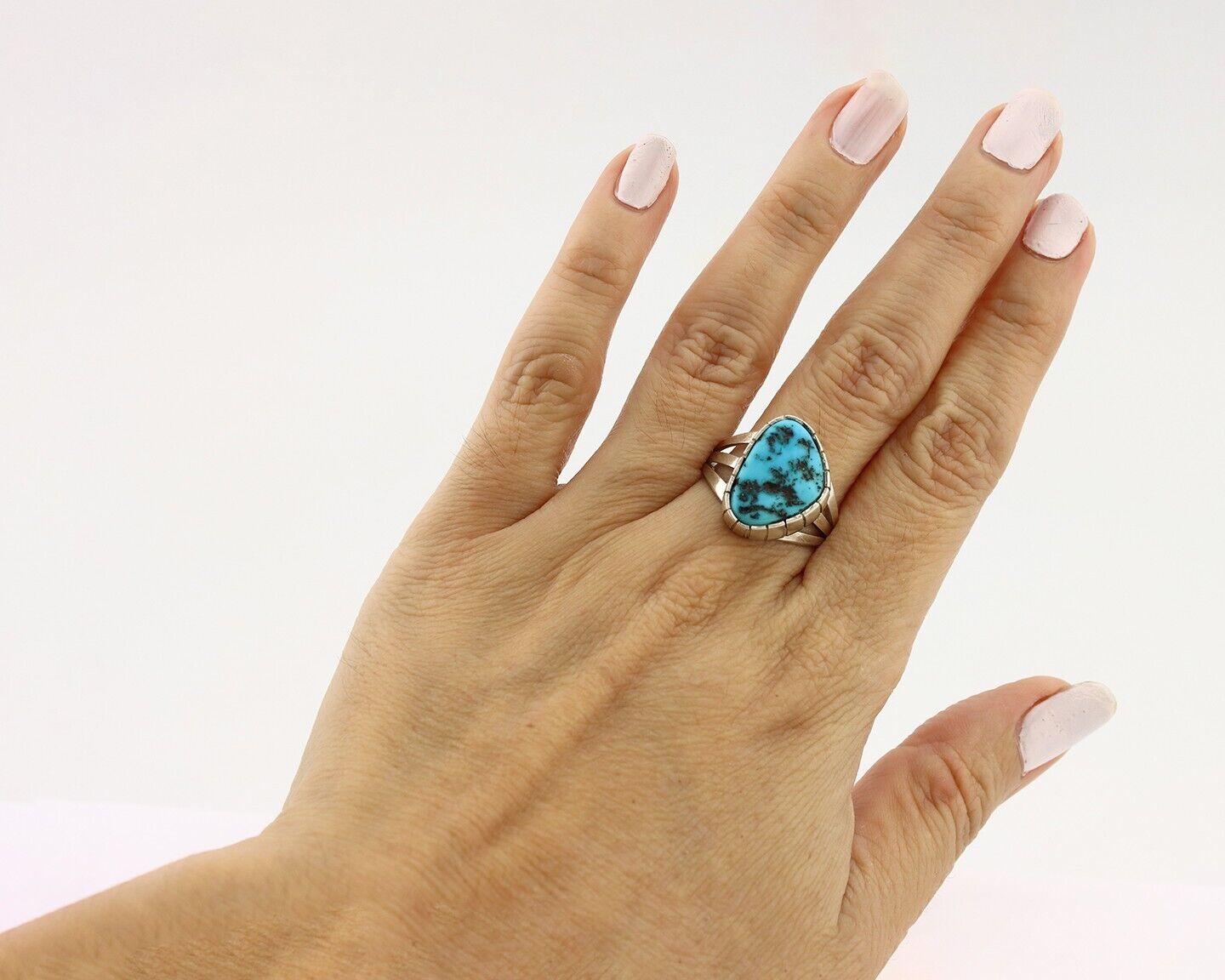 Navajo Ring 925 Silver Sleeping Beauty Turquoise Artist Signed SS C.80's