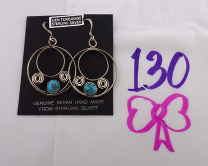 Navajo Dangle Handmade Earrings 925 Silver Blue Turquoise Native Artist C.80's