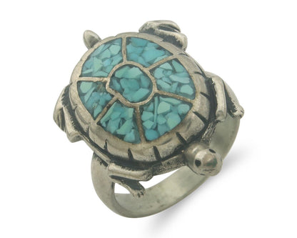 Navajo Ring 925 Silver Inlaid Turtle Turquoise C.80's Size 7.75