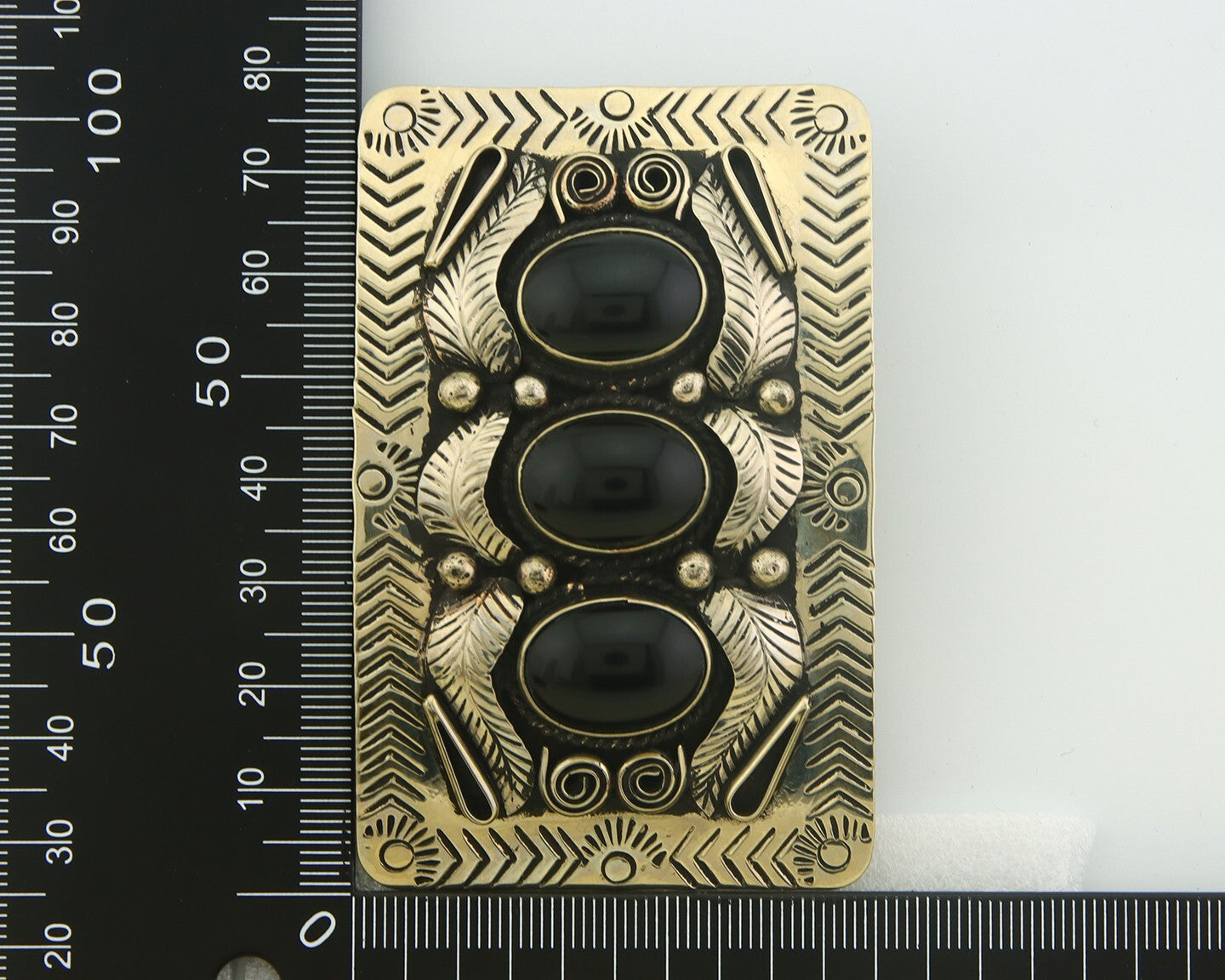 Navajo Concho Belt Buckle .999 Nickel Onyx Native American Artist 2x3 in C.80's