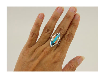 Navajo Ring 925 Silver Turquoise Shell Onyx Spiney Oyster Native Artist C80's