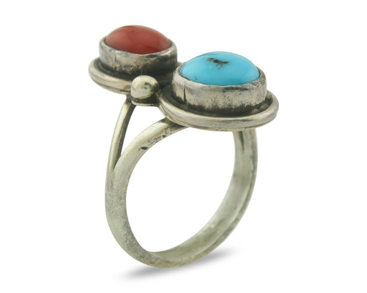 Vintage Navajo Ring 925 Sterling Natural Coral & Turquoise Native Artist Sz 7.0