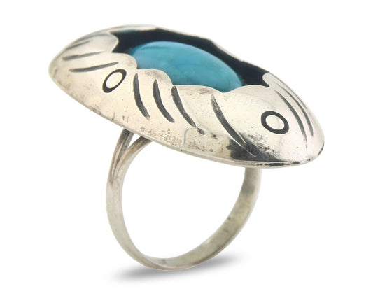 Navajo Ring 925 Sterling Turquoise Handmade Native Artist C.80's Size 5.75