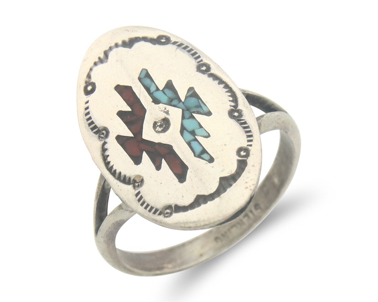 Navajo Ring 925 Sterling Natural Chip Inlay Coral & Turquoise C.80's Size 7.5